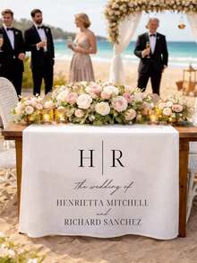 Personalized Wedding Table Runner, Custom White Polyester Linen Fabric Bride & Groom Table Runner (Includes Name And Date), Elegant Wedding Reception Decor Sign - Multicolor - View 4