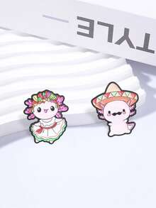 Pair Mexican Folk Axolotl Enamel Pin Traditional Sombrero Dance Skirt Cartoon Brooch Latin Style Backpack Decor Badge - Multicolor - View 6