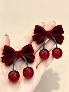 2pcs Bow Cherry Hair Clips Suitable For Girls To Wear - Multicolor - View 4