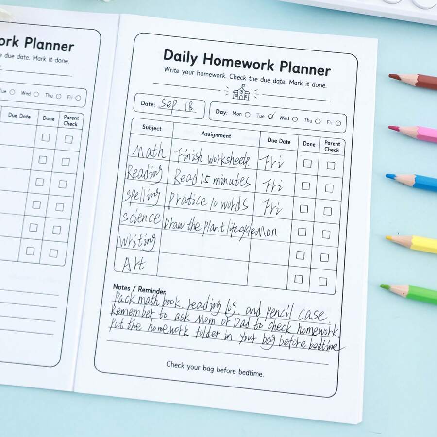 Cartoon Children's Daily Homework Planner Student After-School Subject Assignment Tracking Record Book Campus Home Task Checklist Diary Notebook Back To School School Supplies Teacher Classroom Holiday Learning Supplies