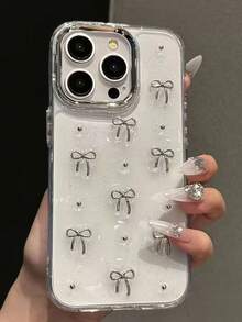 Minimalist Silver Textured Small Bow & Metal Bead Metal Frame Design Phone Case, Compatible With IPhone17/16/16Plus/16Pro/16ProMax/15/14/13/12/11/X/XS/XR/Mini/Pro Max/Pro/Plus TPU Full Coverage Soft Shell - Silver - View 7