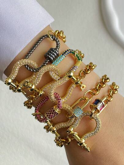 1pc Gold U-Shaped Buckle Colorful Diamond Screw Bracelet, Double Buckle Colorful Bracelet, Stainless Steel Material, Unique Luxury, Suitable For Women's Daily Work Wear