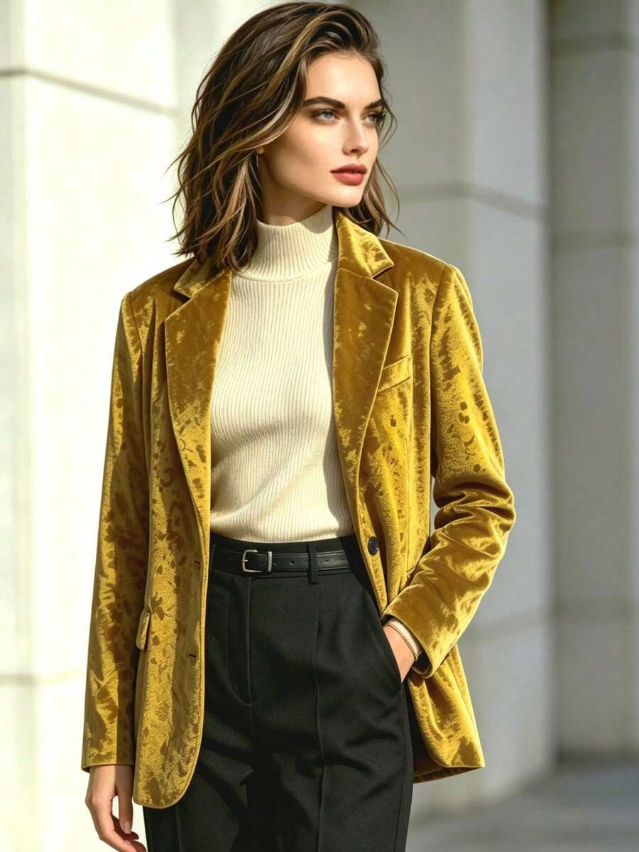 1pc Autumn/Winter Casual Commute Fashion Versatile Elegant Velvet Lapel Long Sleeve Faux Pocket Blazer Jacket Fall - Gold - View 1