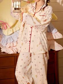 Gongdie 2pcs Miffy Women's Pajama Set, Spring/Autumn Cotton Cream White Textured Loungewear, Red Zigzag Trim With Star Print - Apricot - View 1