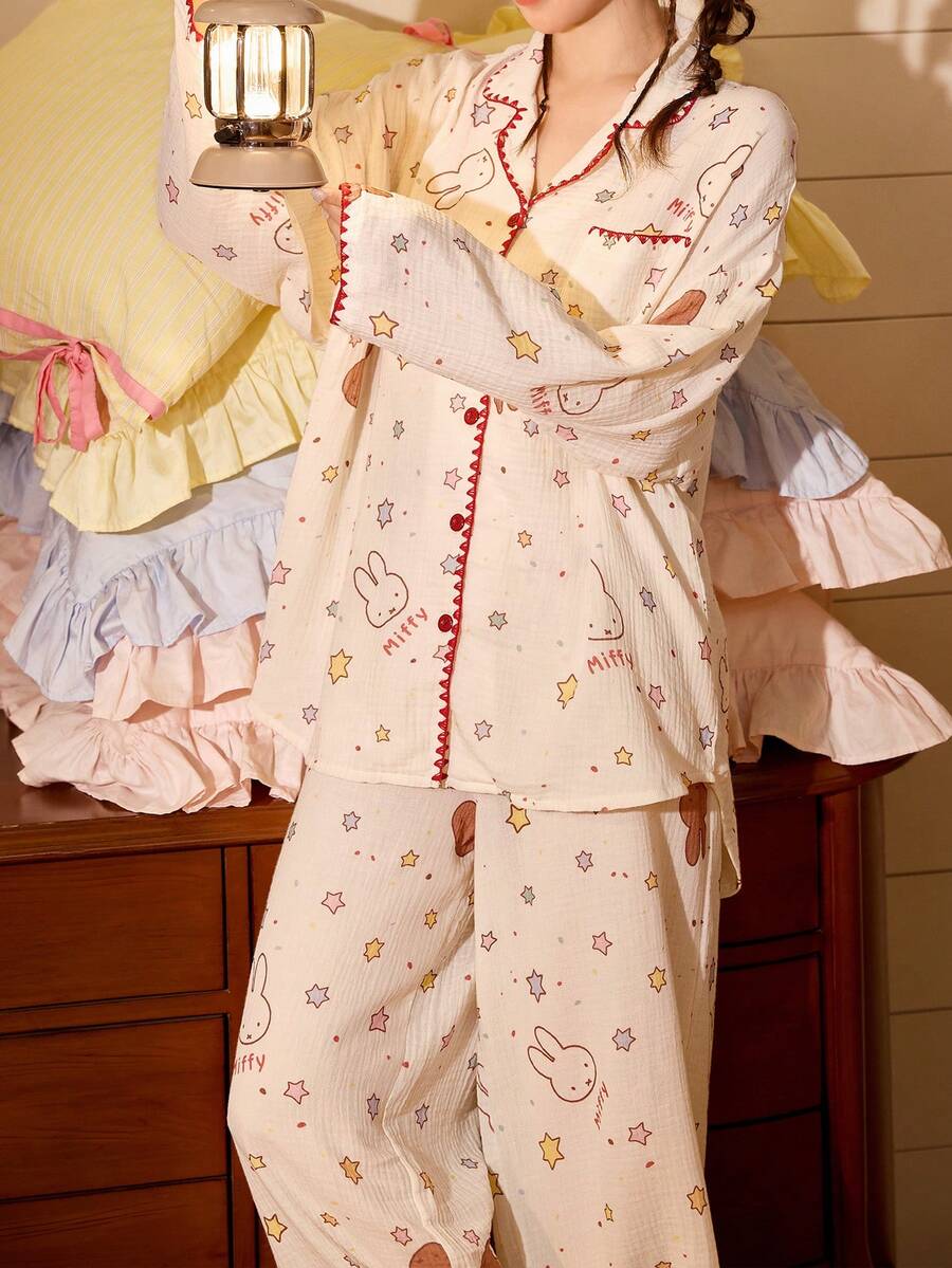 Gongdie 2pcs Miffy Women's Pajama Set, Spring/Autumn Cotton Cream White Textured Loungewear, Red Zigzag Trim With Star Print - Apricot - View 1
