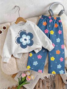 2pcs/Set Girls' Round Neck Sweatshirt And Denim Like Floral Bow Wide Leg Pants Outfit, Printed Denim Like Floral Round Neck Sweatshirt + Denim Like Floral Bow Wide Leg Pants Matching Set, Suitable For Autumn/Winter Daily Wear - Multicolor - View 2