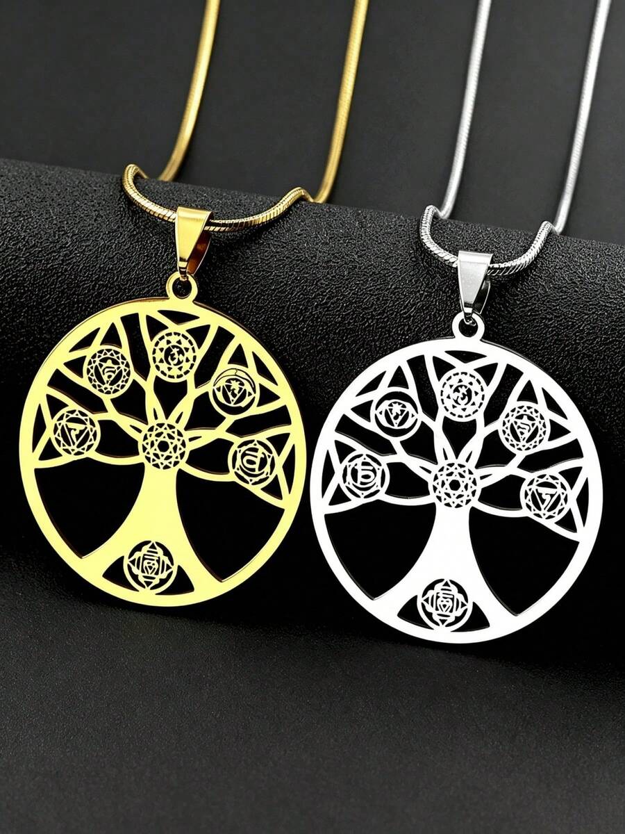 Yoga Hollow Tree Of Life 7 Chakras Pendant Necklace For Women Men Stainless Steel Sacred Geometry Reiki Healing Chain Jewelry - Necklace - View 1