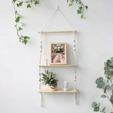 1 pieza Colgante de pared de macramé estilo bohemio, estantería decorativa de 2 niveles para almacenamiento de pared, tapiz decorativo para sala de estar, dormitorio, fondo de pared, estantería de almacenamiento con borlas, decoración de pared de arte de fibra, hecho a mano, tejido de encaje, tabla de madera de doble capa - Sin decoración - Beis - Ver 4