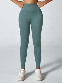 Women's Slim Fit Ribbed Leggings, High Waist Elastic Sports Pants, Autumn/Winter - Blue - View 1