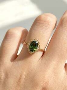 1pc S925 Sterling Silver Vintage Delicate Synthetic Zirconia Olive Green Geometric Ring, Elegant & Charming Daily/Party Wear Bohemian Quality Jewelry For Women - Yellow Gold - View 6