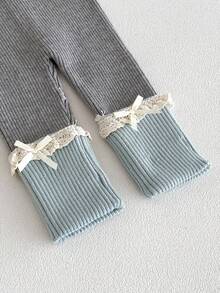 Korean Style Soft Baby Girls Knit 2 Pieces Set, Waffle Lace Collar Long Sleeve Cardigan And Lace Bow Contrast Color Long Pants Outfit - Mint Blue - View 6