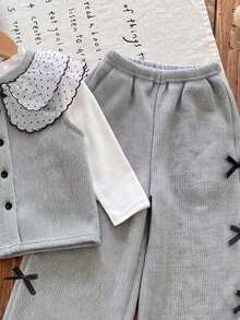 Girls' Mesh Embroidery Oversized Collar Knit Vest, Ruffle Trim Mock Neck Fashion T-Shirt, And 3D Bow Knit Loose Shorts - Grey - View 4