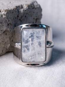 1Pc Minimalist Unique Silver Men's Ring Inlaid Square Cubic Zirconia Suitable For Daily Party Wear Gift For Him. - Silver - View 2