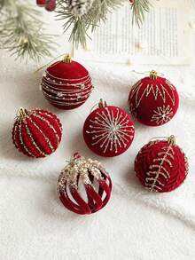 3.15 Inch Flocked Christmas Ball Ornament, Burgundy Glitter Flocked Christmas Tree Hanging Pendant, Rhinestone Flocked Painted Christmas Ball, Suitable For Winter Christmas Tree, Holiday Party, Home Wreath, Wedding Home Decor, New Year, Creating Festive Atmosphere - Red - View 2