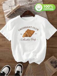 100% Croissant Print T-Shirt - Women's Casual Short Sleeve Crew Neck Top For Summer/Spring - 白色 - 查看 8