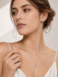 3pcs/Set S925 Sterling Silver Round Halo Moissanite Women's Jewelry Set, Pendant Necklace, Earrings And Ring, Wedding Jewelry, Anniversary Gift For Her - Silver - View 2