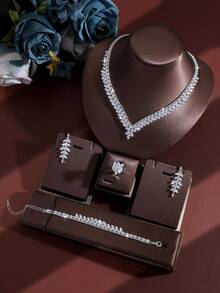 Conjunto de collar de lujo con forma de V y strass completo, collar de novia de boda de circonita + pendientes + anillo + pulsera, accesorios para vestido de banquete - Plateado - Ver 2