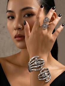 XYHEALER 1 Set Halloween Skeleton Hand Bone Bracelet And Ring Set, Vintage Silver Skeleton Open Cuff Bracelet And Adjustable Wrap Ring, Gothic Punk Style Women's Jewelry Gift - Multicolor - View 3