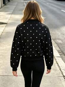 Fashionable Commuter Polka Dot Print Flight Jacket - Black - View 6