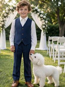 3pcs/Set Boys Formal Outfit White Long Sleeve Shirt Vest Pants For Holiday Party Daily School Birthday Wedding Wear - Navy Blue - View 3