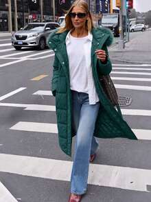 Giolshon 女款休閒連帽填充夾克外套，附口袋，輕量絎縫填充外套，人造毛內裡，適合春/秋/冬日常穿著 - 綠色 - 查看 6