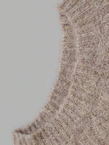 Nicenter Women's Fall Winter Casual Brown Fuzzy Cable Knit Drop Shoulder Crew Neck Long Sleeve Wool Blend Sweater, Cozy Simple For Office Daily Home Date - Camel - View 5