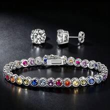 3件組 18K白金鍍層珠寶套組,4mm圓形鑲邊彩色立方鋯石網球手鍊與6mm耳釘,女款,適合婚禮週年紀念 - 白色 - 查看 2