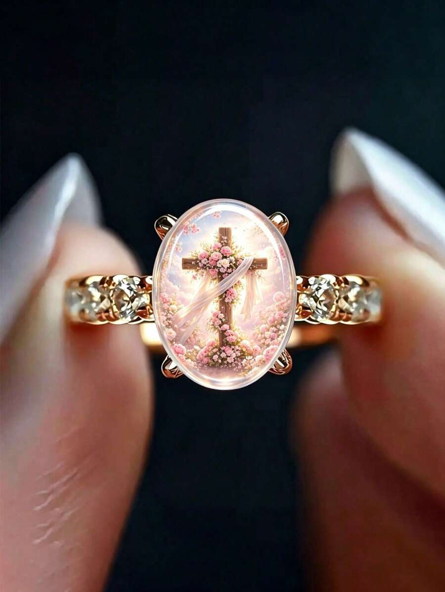 Elegant Style Floral Wedding Cross Pattern Women's Fashion Ring, Carved Texture Hypoallergenic Skin-Friendly Jewelry, Suitable For Daily Wear - Multicolor - View 1
