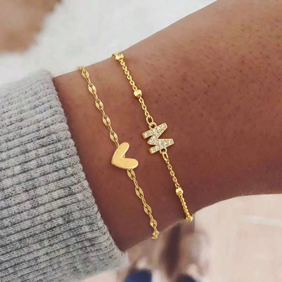 2Pcs/Set New Simple Initial Heart Pendant Gold Color Stainless Steel Chain Bead Chain Layered Chain Bracelets For Women - Yellow Gold - View 1