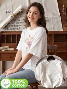 Graphic Print Short Sleeve Crew Neck Tee For Ladies, Versatile Spring Summer Casual Outfit - 白色 - 查看 2
