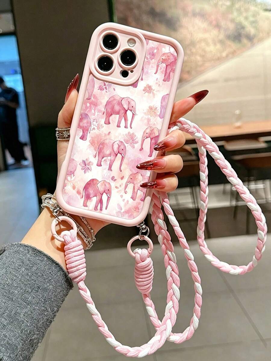 Elephant Painted Minimalist Grooved Pink Crossbody Adjustable Lanyard Phone Case Compatible With IPhone 17/17 Pro/17 Pro Max/16/15/XR/16 Pro Max/7P/8P/12 Pro Max/13 Pro Max/14 Pro Max/13/14/11/12/14/XS/S/XS Max/7/8/GES2 Cute Fashion Thick Soft Anti-Drop Protective Cover For Women - Multicolor - View 1