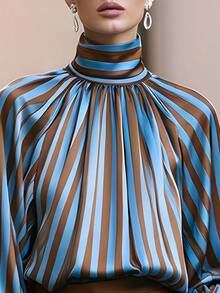 Elegant Women's Striped Print High Neck Lantern Sleeve Casual Versatile Blouse Top Striped Color Block Button Office Spring Autumn - Brown - View 1