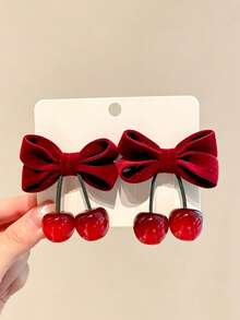 2pcs Bow Cherry Hair Clips Suitable For Girls To Wear - Multicolor - View 7