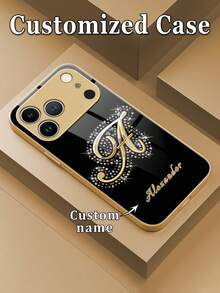 1pc Customized Artistic Calligraphy Initial & Personalized Name, Creative Pattern Back Tempered Glass + TPU Soft Edge Phone Case Compatible With Samsung S26Ultra/S25Plus/S24 Series And Apple 17ProMax/16ProMax/15Pro/14 Plus/13 Pro/12 Pro Max/11/XsMax/8/7/6Plus Phone Accessories, Suitable As Birthday Gift For Girlfriend, Boyfriend Or Yourself - Gold - View 1