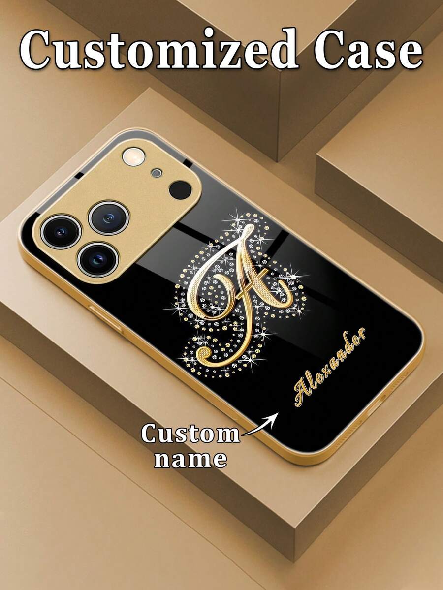1pc Customized Artistic Calligraphy Initial & Personalized Name, Creative Pattern Back Tempered Glass + TPU Soft Edge Phone Case Compatible With Samsung S26Ultra/S25Plus/S24 Series And Apple 17ProMax/16ProMax/15Pro/14 Plus/13 Pro/12 Pro Max/11/XsMax/8/7/6Plus Phone Accessories, Suitable As Birthday Gift For Girlfriend, Boyfriend Or Yourself - Gold - View 1
