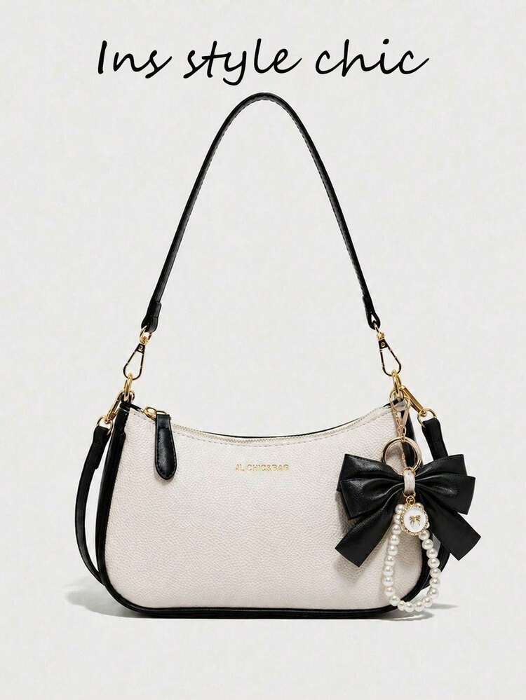 Black And White Colorblock Women's Shoulder Bag, Black Bow Pearl Pendant, Dual Straps, Suitable For Daily, Dating, Shopping, Can Store Phone, Lipstick And Other Small Items - White - View 2