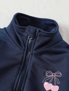 Young Girl Cherry Print Zip-Up Half-Placket Long Sleeve Sweatshirt And Pants Casual Set - Royal Blue - View 3