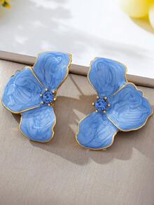 1 Pair European & American Fashion Vintage Colorful Enamel Flower Stud Earrings, Gold-Plated Rim, Elegant Versatile Style - Baby Blue - View 4