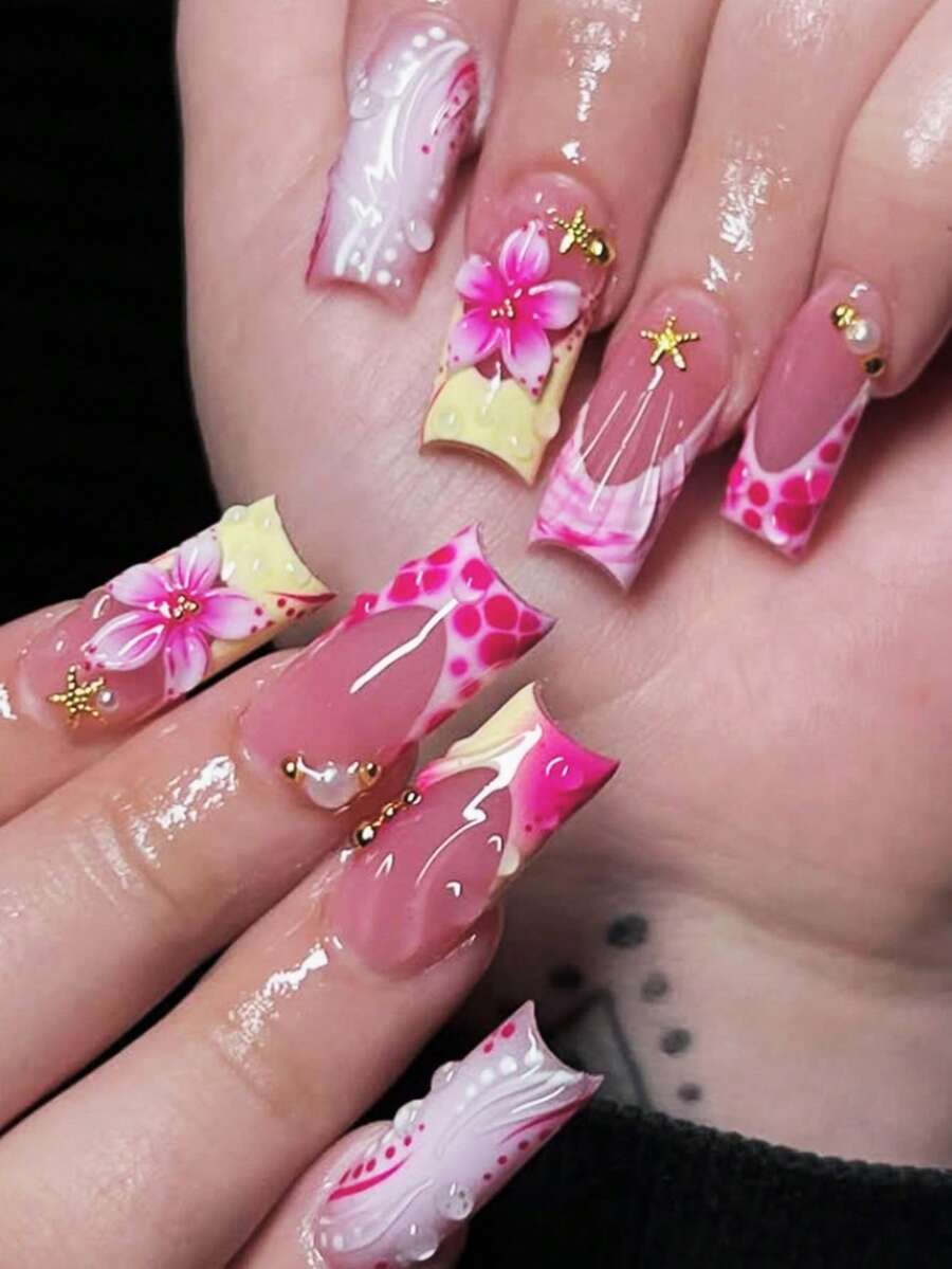 24pcs Medium Rectangular Y2K Hot Girl Style French Manicure Stickers, Icy Transparent Nude Base With White French Tips, Decorated With Stars, Crosses And Rhinestones, Suitable For Party And Disco, Create Exclusive Hot Girl Nail Art Look - Hot Pink - View 1