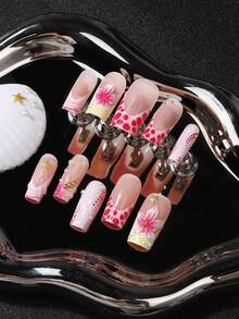 24pcs Medium Rectangular Y2K Hot Girl Style French Manicure Stickers, Icy Transparent Nude Base With White French Tips, Decorated With Stars, Crosses And Rhinestones, Suitable For Party And Disco, Create Exclusive Hot Girl Nail Art Look - Hot Pink - View 7