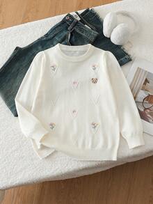 Tween Girls Casual Round Neck Bear Embroidery Long Sleeve Autumn/Winter Sweater - Apricot - View 1