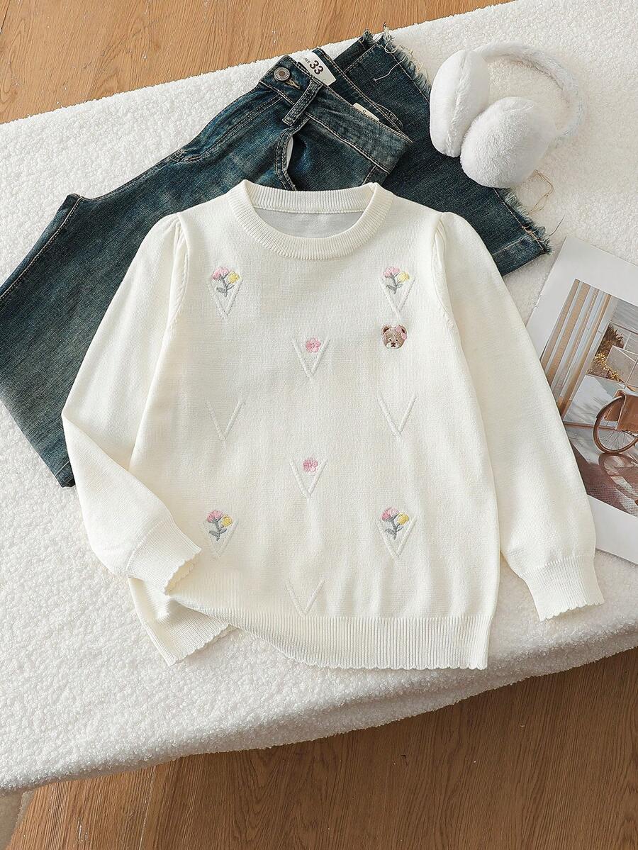 Tween Girls Casual Round Neck Bear Embroidery Long Sleeve Autumn/Winter Sweater - Apricot - View 1