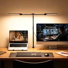 3-Head Gooseneck Office Desk Lamp, Eye-Protection Clip-On Desk Lamp With Clamp, Architect Work Lamp With Stepless Dimming, Computer Monitor Desk Lamp, 3-Head Adjustable Reading Study Work Desk Lamp, Black - Black - 查看 5