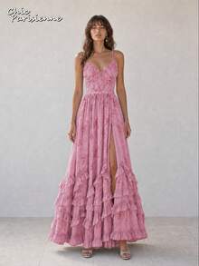 Pink Purple Floral Chiffon V-Neck Backless Tiered A-Line Maxi Dress - 粉紅紫 - 查看 7