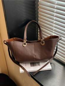 1件純色PU通勤購物大容量簡約精緻百搭休閒日常現代風托特包 - 咖啡 - 查看 5
