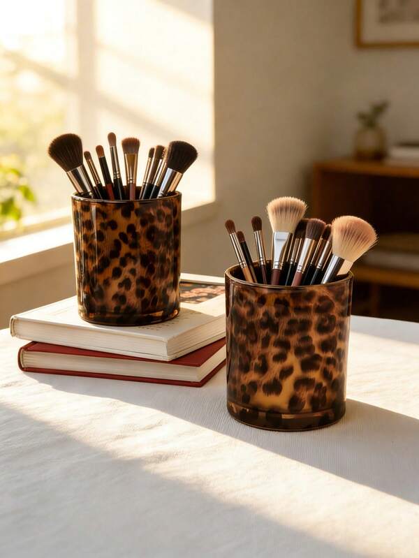Tempat Penyimpanan Kuas Makeup Motif Leopard dan Kura-kura, Aksesori Kamar Mandi, Dekorasi Musim Gugur, Perlengkapan Asrama, Hadiah Halloween & Natal yang Chic, Organizer Meja Amber Vintage untuk Kuas Makeup, Lipstik, Dekorasi Meja Rias