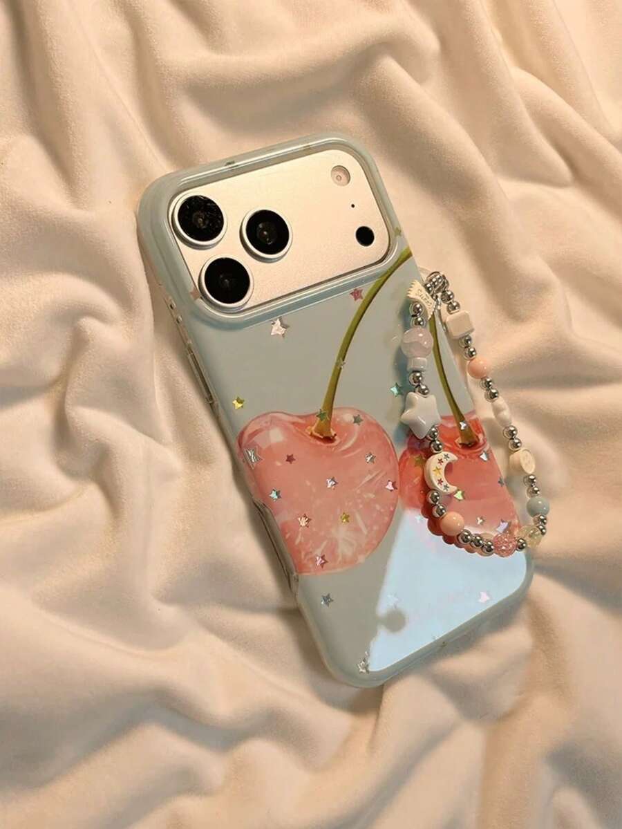Casing Ponsel Summer Ins Healing Style Gold Star Cherry Kompatibel Dengan Apple 17 Pro Max, 16 Pro, 13, 14 Pro, 15 Pro, 18, 18 Pro Max, Perlindungan Penuh Anti Jatuh Dengan Rantai - MultiWarna - View 1