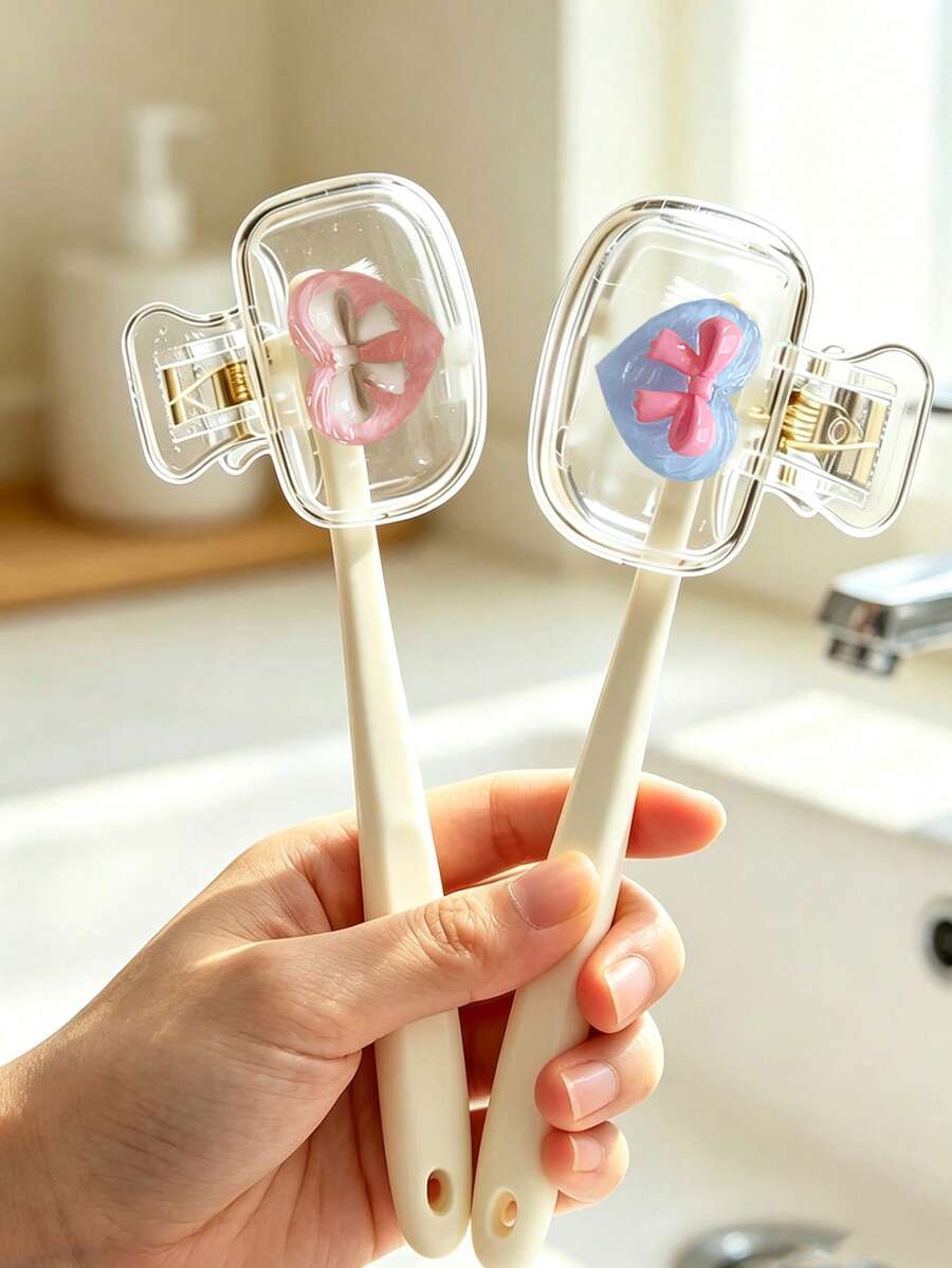 可愛愛心蝴蝶結裝飾便攜式牙刷套，透明旅行牙刷收納盒，牙刷頭保護夾，牙刷收納夾，防塵牙刷保護套，便攜設計，防塵蓋，適合作為情侶、朋友、家人、老師、旅行愛好者的禮物，居家、宿舍、度假必備，適用於生日、開學、婚禮、教師節等場合，春夏必備