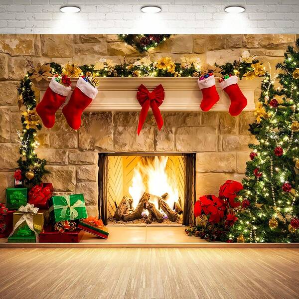 1 Piece Christmas Fireplace-Themed Photography Backdrop, Suitable For Christmas Tree Stocking Decorations, Christmas Party Supplies, Photo Backgrounds, Banners, Studio Decorations, And Booth Props.