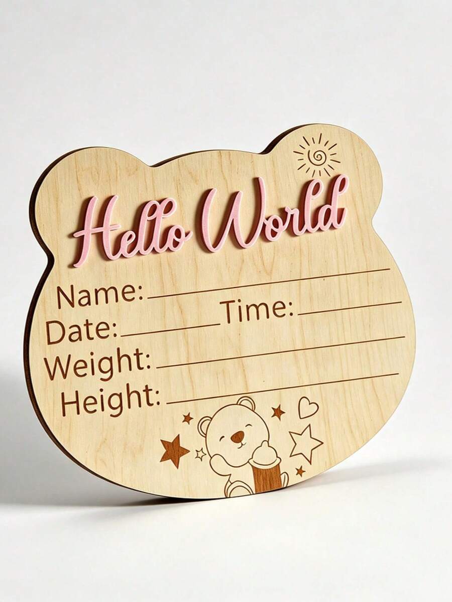 木製 Hello World 新生兒出生資訊牌,熊剪影寶寶公告牌,附 3D 凸起字母,可刻字可書寫嬰兒里程碑拍照道具 - 粉色 - 查看 1